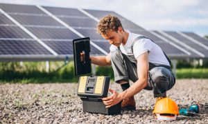Man worker in the firld by the solar panels